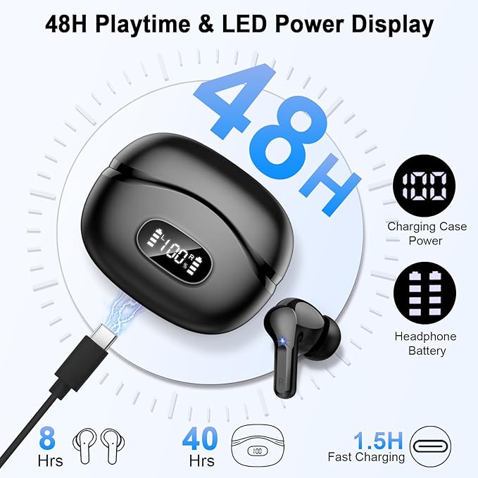 Wireless Earbuds, Bluetooth Headphones 5.4 HiFi Stereo, Ear Buds with 4 ENC Noise Cancelling Mics, 48H Bluetooth Earbuds with Dual LED Display, IP7 Waterproof in Ear Earphones for Android iOS, Black