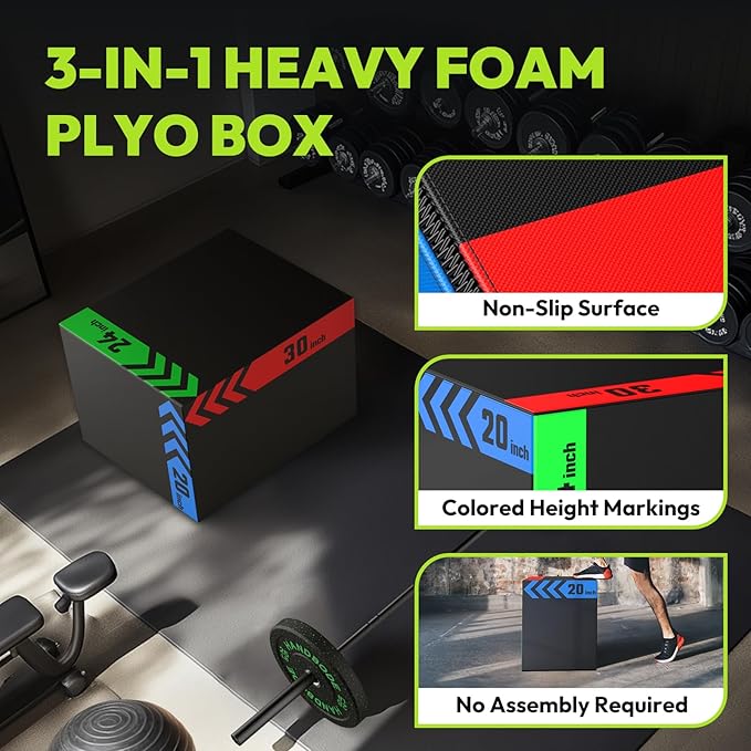 3-in-1 Plyometric Box, Jumping Exercise Equipment Trainer with Non-Slip Surface for Workout Training, Pro-Duty HIIT Exercise Foam Plyo Box, Home Gym