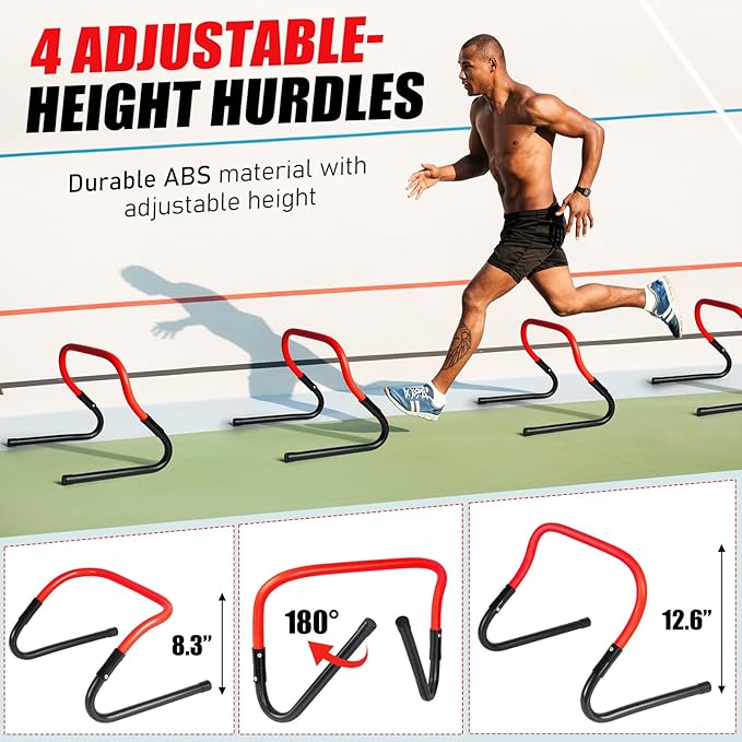 Soccer Agility Speed Training Equipment, Football Practise Set with 20 ft Agility Ladder, 12 Cones, 4 Adjustable Hurdles, Jump Rope, Parachute, for Basketball, Football, Kids, Youth, Adults