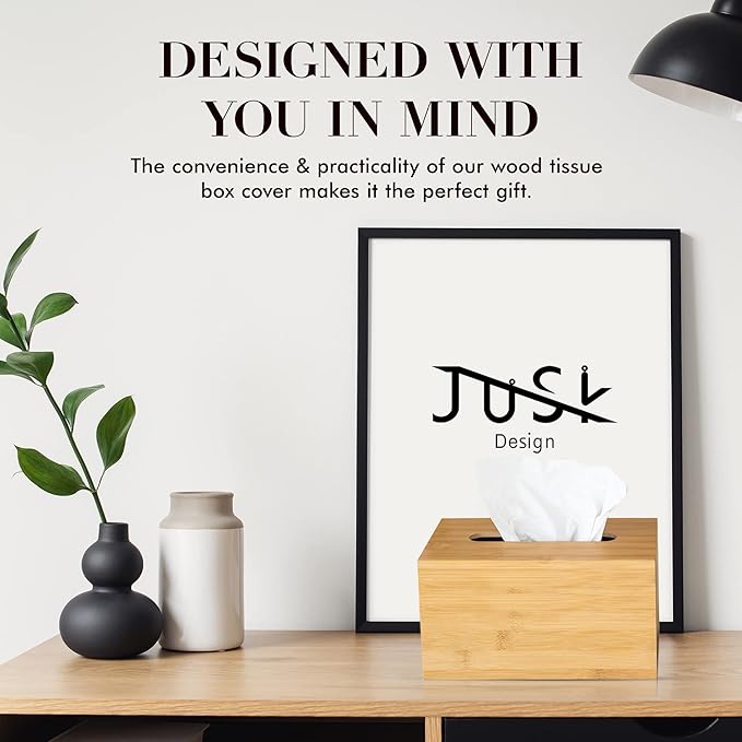 JUSK Design Tissue Box Holder - Modern, Minimalist, and Durable Wooden Tissue Box with Sliding Bottom, Easy-Refill- Premium-Quality Bamboo Tissue Box Cover, Fits 230-Count Box, Tall Rectangular