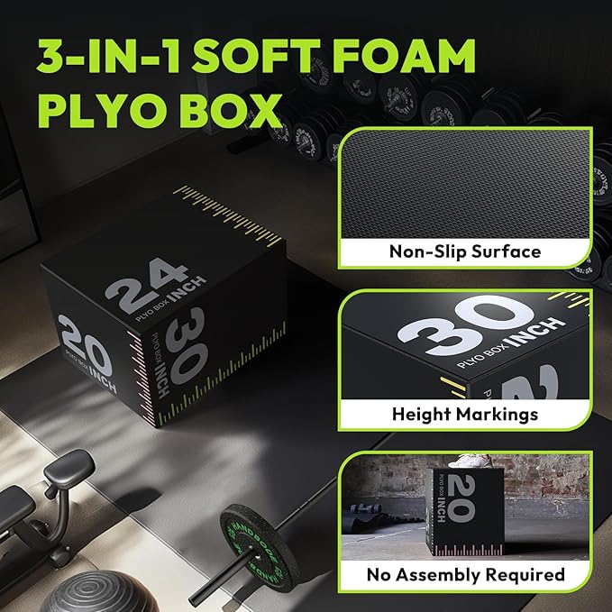 3-in-1 Plyometric Box, Jumping Exercise Equipment Trainer with Non-Slip Surface for Workout Training, Pro-Duty HIIT Exercise Foam Plyo Box, Home Gym
