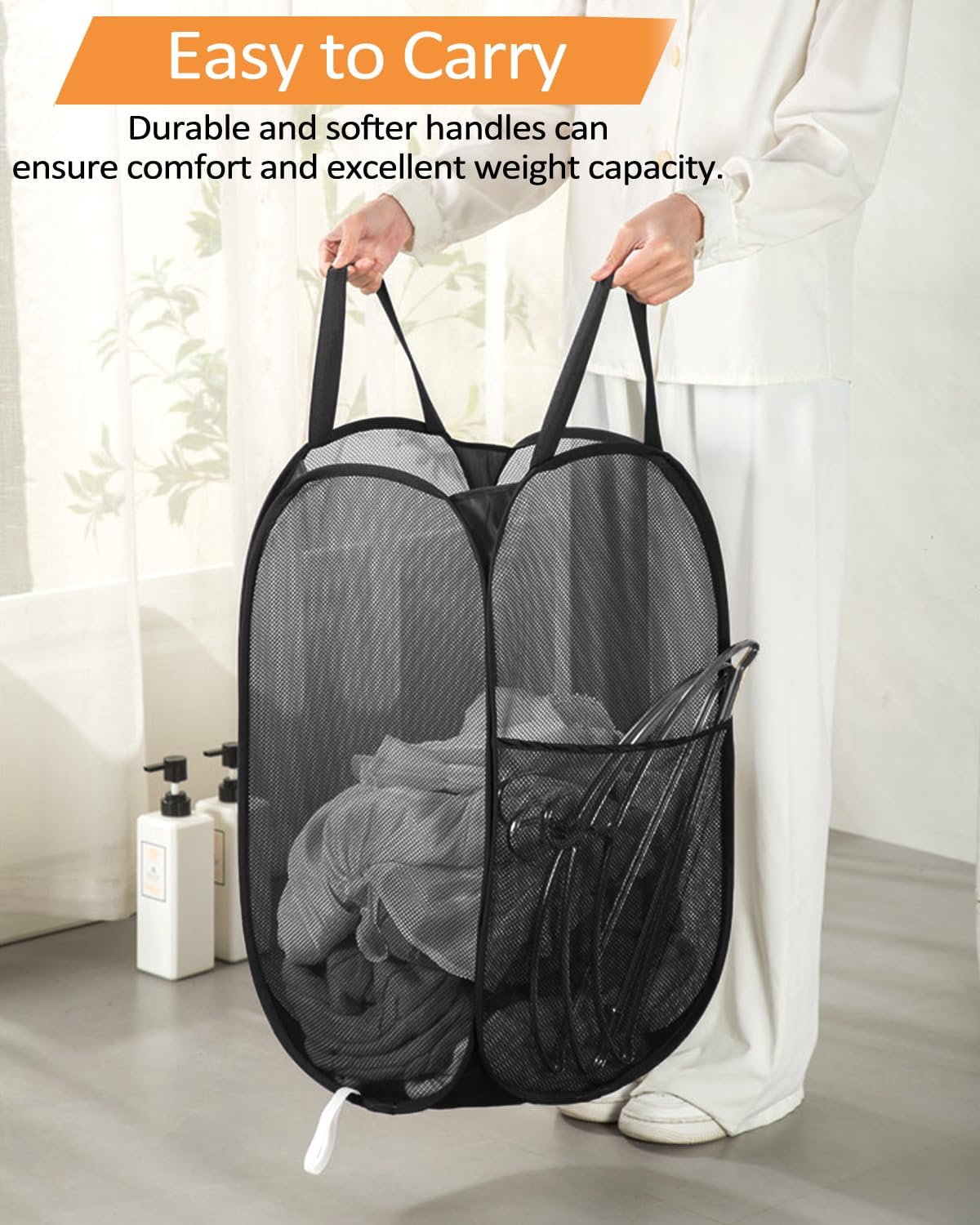 2 Pack Durable Collapsible Laundry Baskets - Reinforced Mesh Pop Up Laundry Hamper with Pocket, Foldable Dirty Clothes Hamper with Carry Handles for Laundry, Bathroom, Kids Room, Dorm or Travel Black