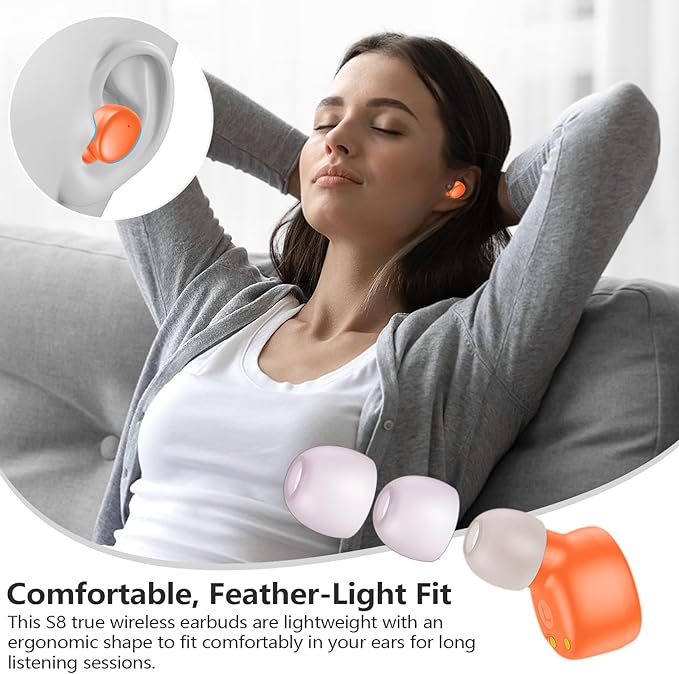 MOZOTER S8 Mini Wireless Earbuds Bluetooth 5.3 in Ear Light-Weight Headphones,60Hrs Playtime Ear Buds with Charging Case,Bluetooth Headsets,Premium Sound with Deep Bass for Sport-Orange