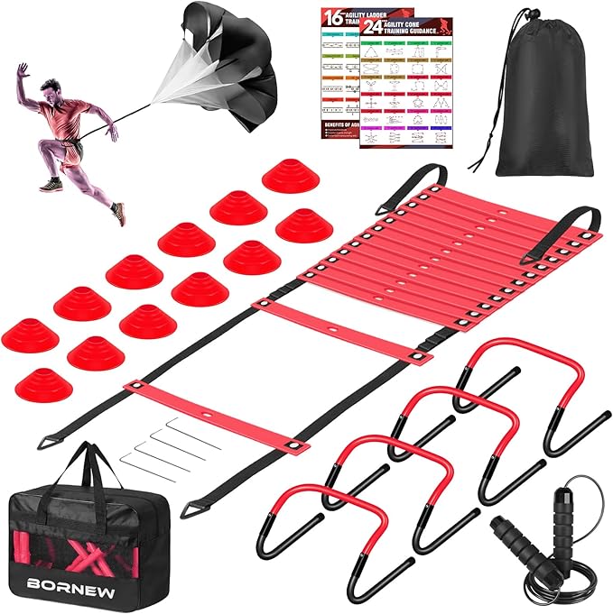 Soccer Agility Speed Training Equipment, Football Practise Set with 20 ft Agility Ladder, 12 Cones, 4 Adjustable Hurdles, Jump Rope, Parachute, for Basketball, Football, Kids, Youth, Adults