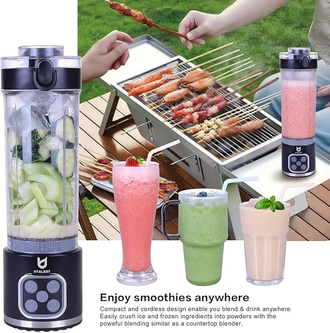 UTALENT Cordless Portable Blender, 25 oz removable Vessel,Powerful Personal Blender, for Smoothies, Ice Crush, 4 Programs, Leakproof-Lid & Sip Spout, USB-C Rechargeable, Dishwasher Safe Parts, Black