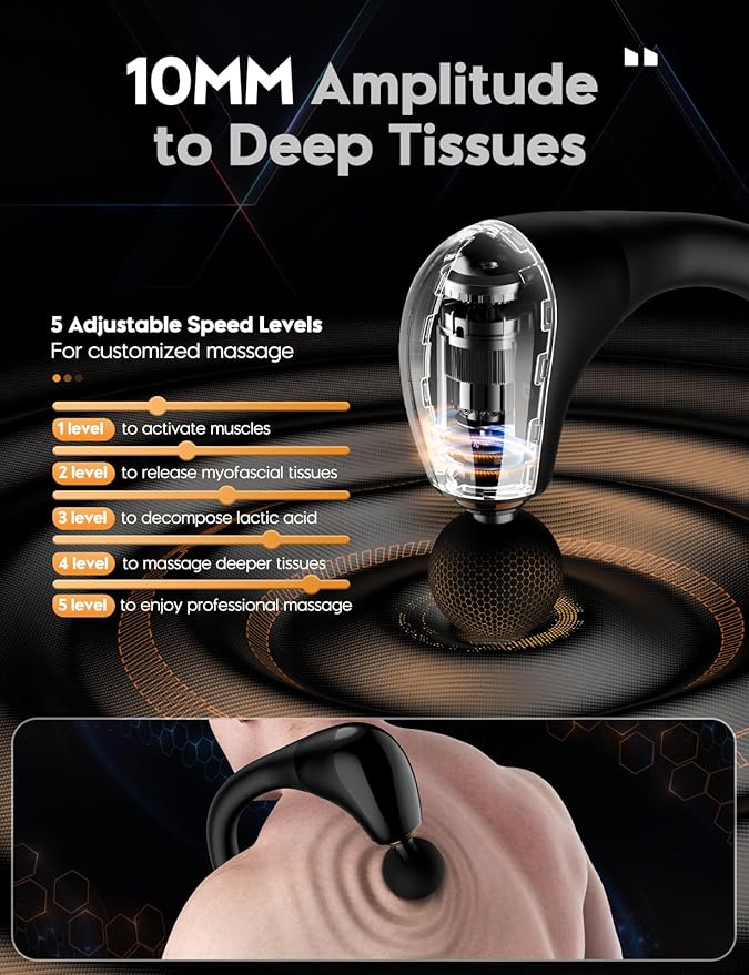 FVZ Massage Gun with Upgraded Extension Handle, 10MM Massage Gun Deep Tissue, Back Massager, Muscles/Neck/Shoulders/Waist/Legs Massager Portable for Pain Relief, 4 Massage Heads & 5 Speed Levels