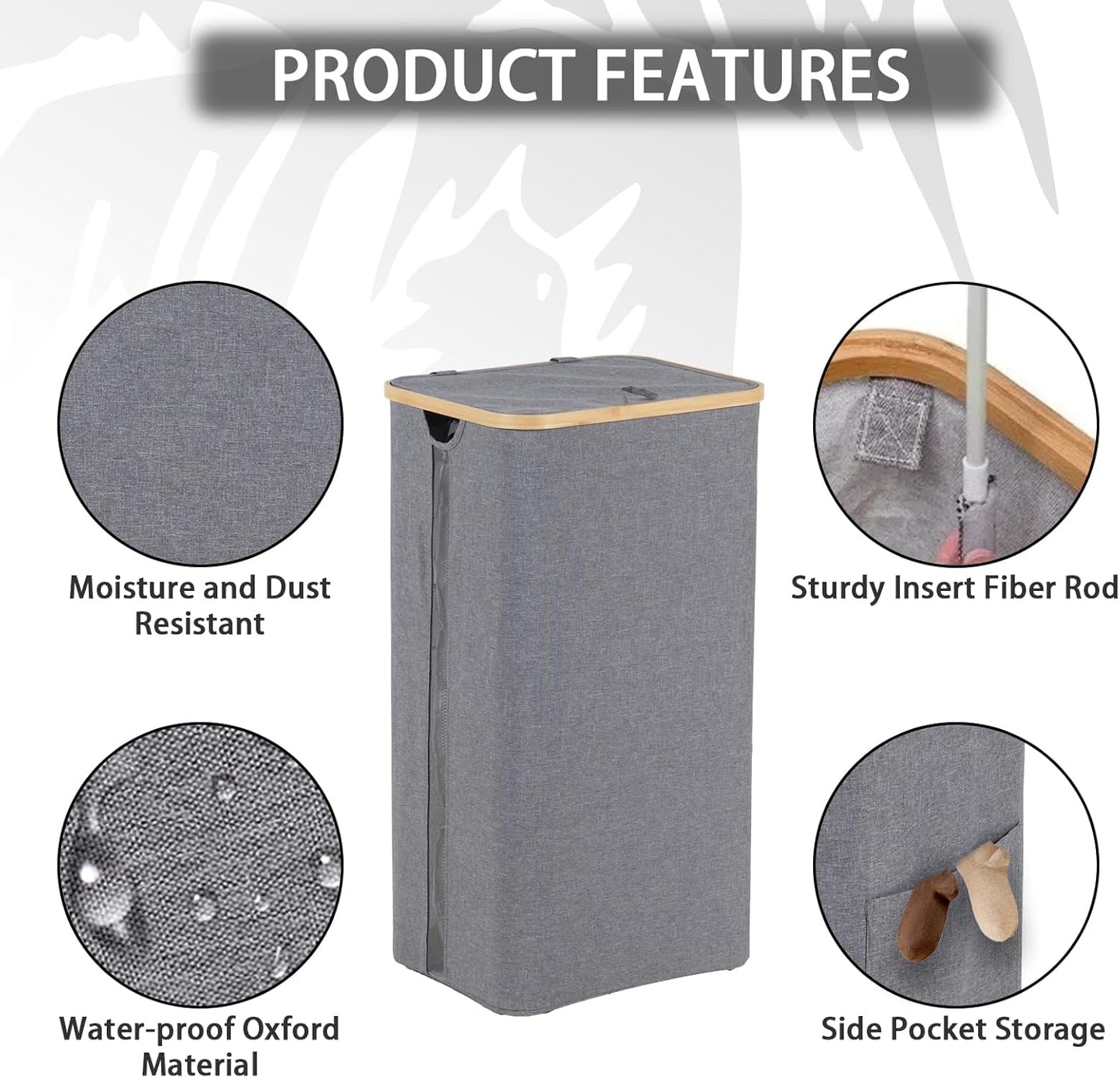 100L Laundry Basket with Lid, Clothes Hampers for Laundry with Bamboo Handles Large Foldable Laundry Hamper with Removable Inner Bag for Laundry Room, Bathroom, Bedroom and Dorm - Grey