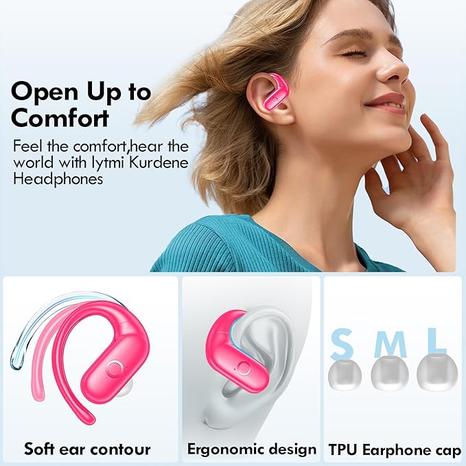 kurdene Wireless Earbuds Bluetooth Headphones Sport,Over Ear Buds with Deep Bass Sound,60Hrs Playtime Earphones Redesigned Comfort Fit with Earhooks for Running,Meeting,Workout-Hot Pink