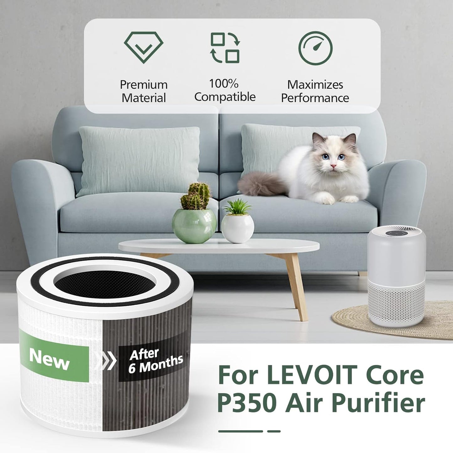 Core P350 Pet Care Replacement Filter for LEVOIT Core P350 Core 300 Air Purifier, 3-in-1 HEPA Filter Replacement, Part # Core P350-RF, 2 Pack