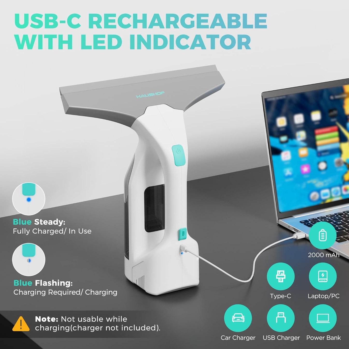 HAUSHOF Electric Window Vacuum Squeegee 11", Vacuum Squeegee Cordless Cleaner Tool Set, Window Vac with 300ml Spray Bottle & 100ml Water Tank for Mirror, Countertop, Showers