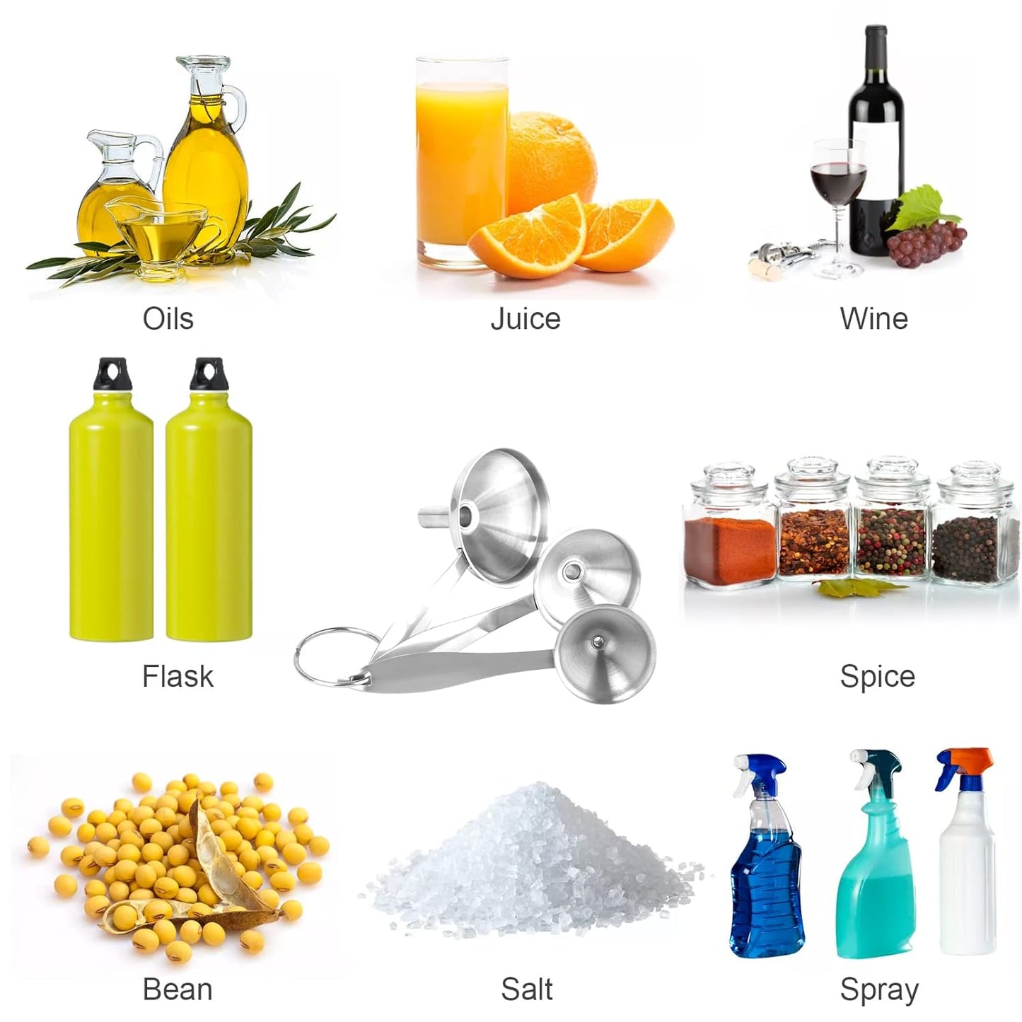 Large Small Funnel Set of 3, Food Grade Mini Funnels for Kitchen Use Filling Bottles Liquor Flask Tiny Spice Cooking Powder, 6Pcs Metal Stainless Steel Funnel (Long Handle), 2Pcs Cleaning Brushes YLYL