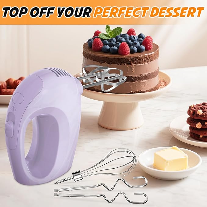 Handmixer Electric Handheld - 7 Speed Portable Kitchen Mixer Electric with 5 Stainless Steel Accessories Whisk, Food Beater for Whipping Mixing Cookies Cakes Eggs, Pueple