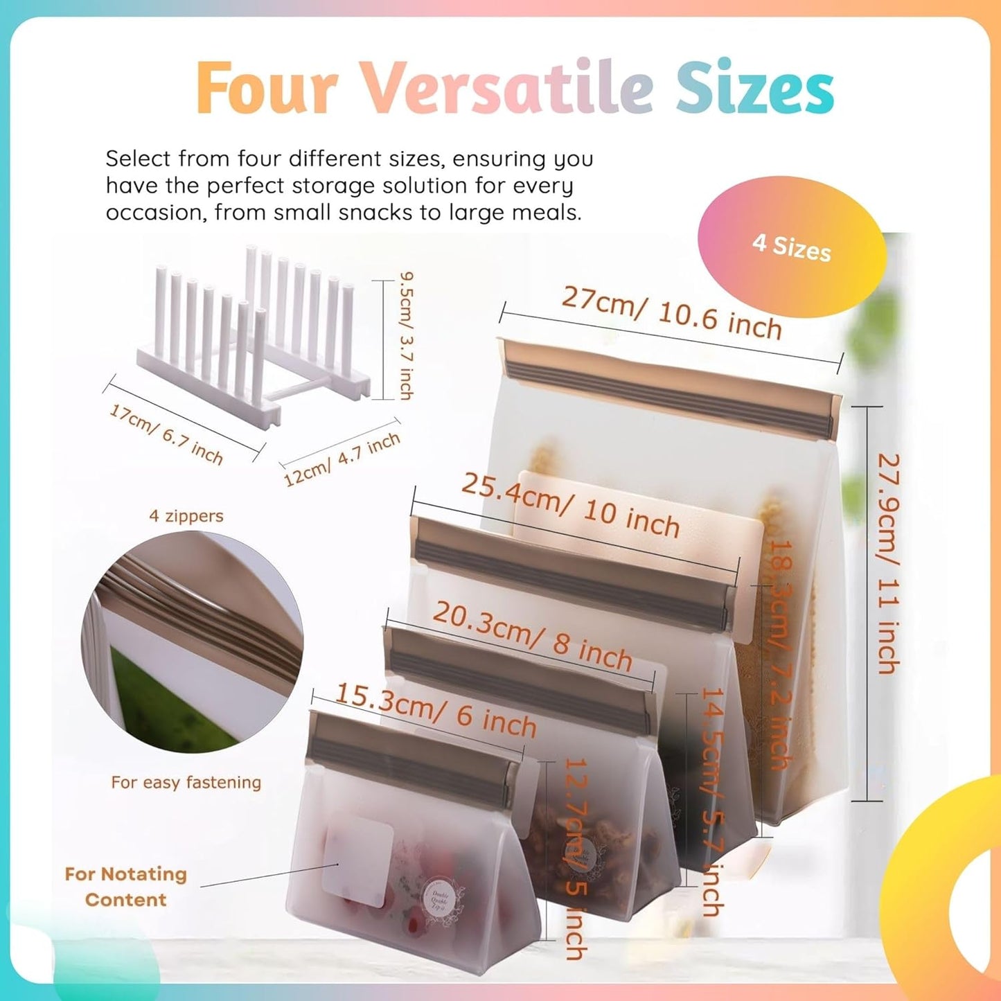 Reusable Food Storage Bags – 21-Pack Stand-Up, BPA-Free, Freezer, Dishwasher Safe & Eco-Friendly – 4 Gal, 6 L, 7 M, 3 S + Rack – Airtight Leakproof Sandwich, Snack, and Meal Prep Bags (Grey)