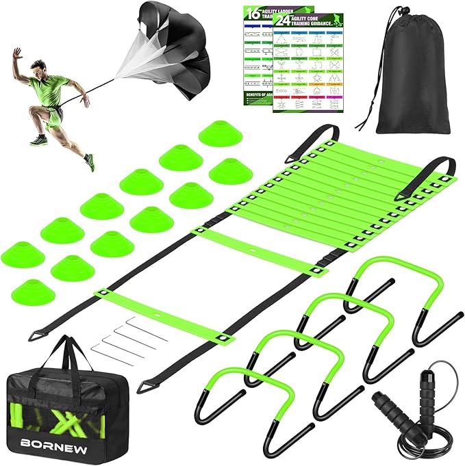 Soccer Agility Speed Training Equipment, Football Practise Set with 20 ft Agility Ladder, 12 Cones, 4 Adjustable Hurdles, Jump Rope, Parachute, for Basketball, Football, Kids, Youth, Adults