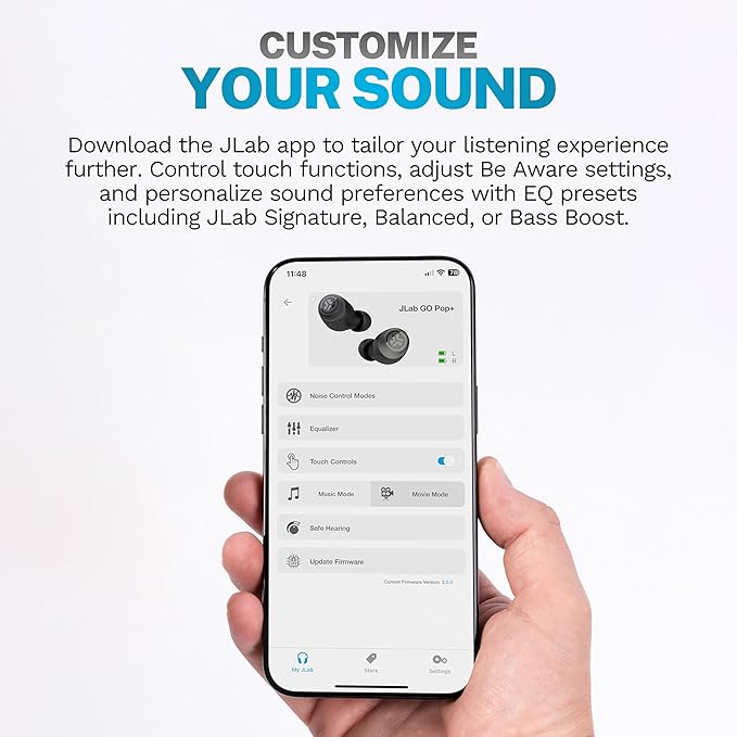 JLab Go Air Pop+ True Wireless Earbuds, in Ear Headphones, Bluetooth Earphones, 35H Playtime Ear Buds, Bluetooth Earbuds with Microphone, USB-C Charging Case, Dual Connect, EQ3 Sound, Black