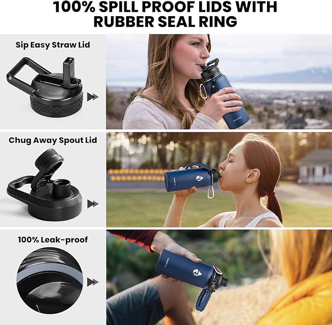 Insulated Water Bottle 32 oz, Triple Wall Vacuum Stainless Steel (Cold for 48 Hrs), Leak Proof & Non-BPA, Modern Water Flask Jug with Paracord Handle & Straw Spout Lids, Navy Blue