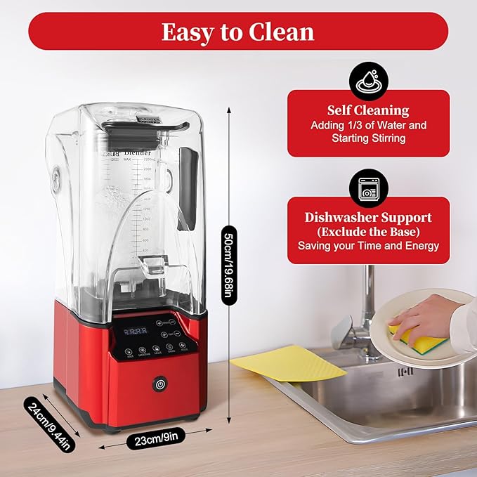 Professional 2.2L/74.4oz Commercial Smoothie Food Processing Blender for Shakes and Smoothies, 2200W Power Blender with Soundproof Shield for Fruits, Frozen Drinks