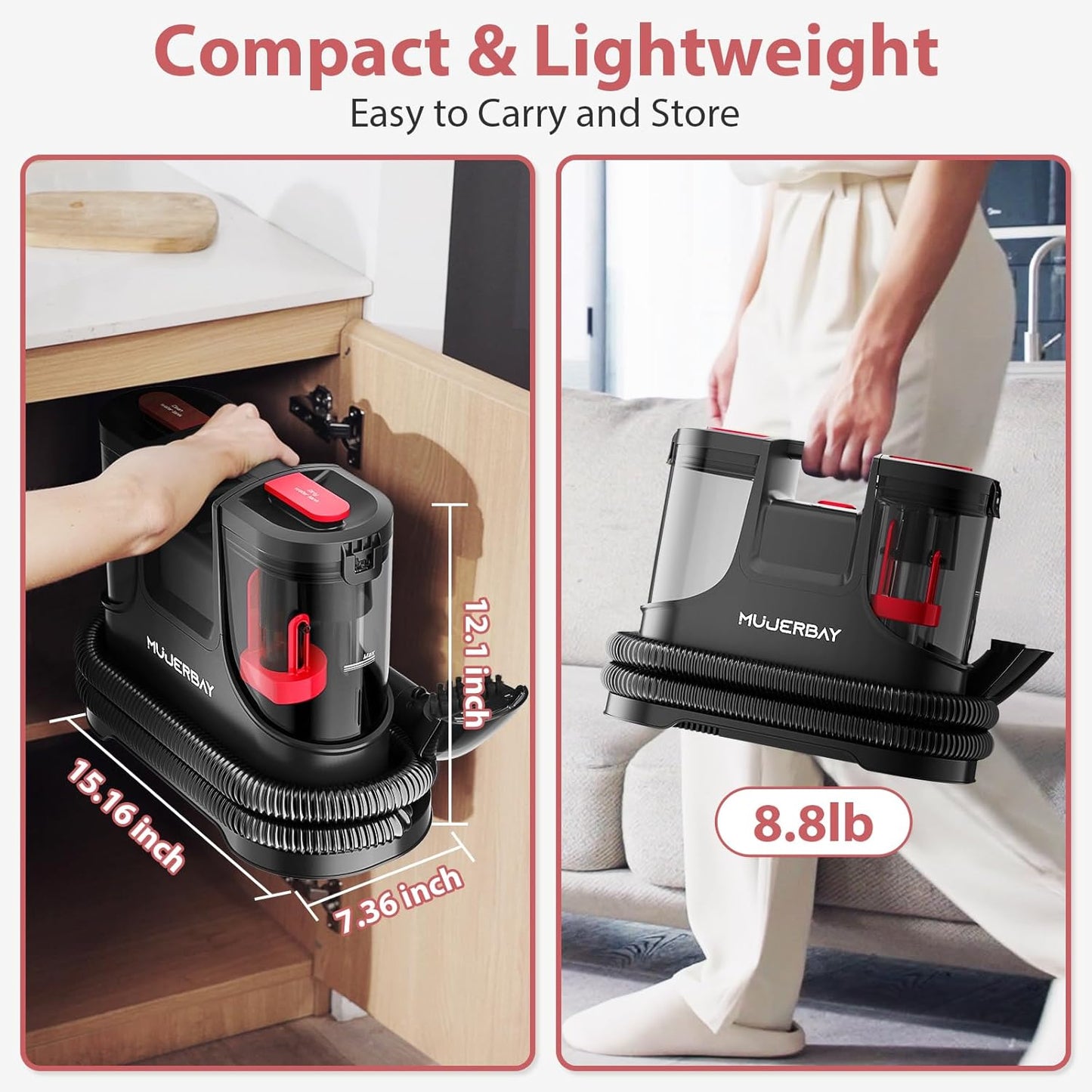 Carpet Cleaner, MUJERBAY 15Kpa Portable Spot and Stain Cleaner Machine, Easy Move with Handle, 1.5-inch Deep Cleaning Shampooer for Couch, Stairs, Car and Pet Messes. Red