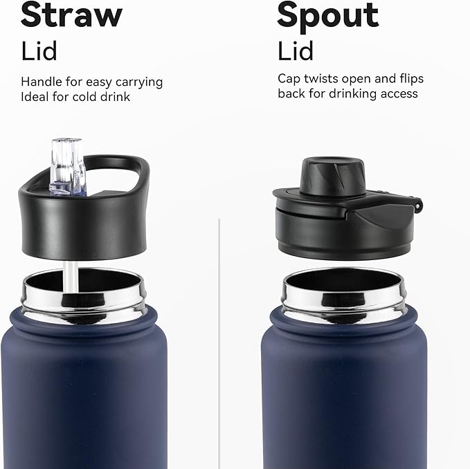 24oz Insulated Water Bottle with Straw Lid, Stainless Steel Metal Water Bottle with Straw & Wide Mouth Lid, Double Wall Vacuum Water Bottle for Hiking Camping, Navy 4 Pack