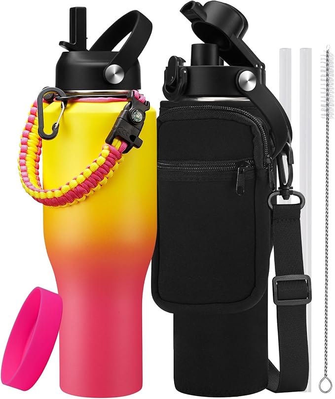 Insulated Water-Bottle 40 oz Tumbler - Fits in Any Cup Holder, Keep Cold 48H Hot 24H, Stainless Steel Water bottle with Straw, Spout Lid, Paracord Handle, Carrier Bag, Silicon Boot for Road Trip