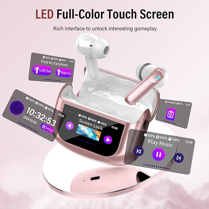 Wireless Earbuds, Bluetooth 5.4 Ear Buds with Multifunctional Touch Screen, 48H Bass Stereo Headphones with ANC/ENC Noise Cancelling/Transparency Mode, IPX7 Earphones with 5 EQ Modes, Rose