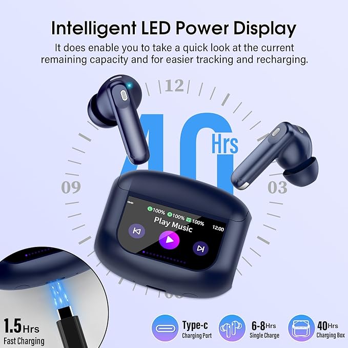 Wireless Earbuds, Bluetooth 5.4 Headphones Multi-Function Touch Screen with 5 EQ Modes, 48H Ear Buds Bass Stereo with ANC Noise Cancelling/Transparency Mode, IPX7 Bluetooth Earbuds, Dark Blue