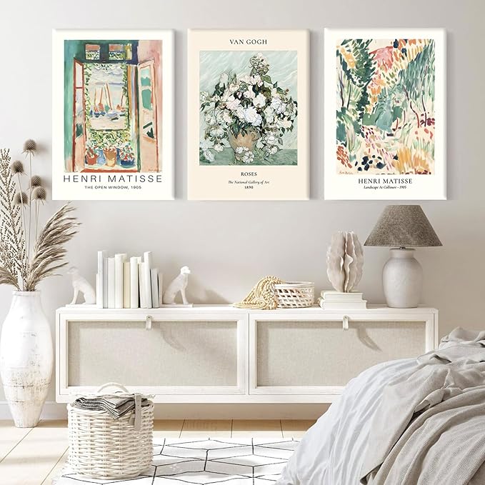 Framed Green Vintage Canvas Wall Art Set of 3 - Van Gogh Abstract Rose Pictures Wall Decor, Mid Century Modern Matisse Artwork Paintings Prints for Living Room Bedroom Bathroom 12x16 inch