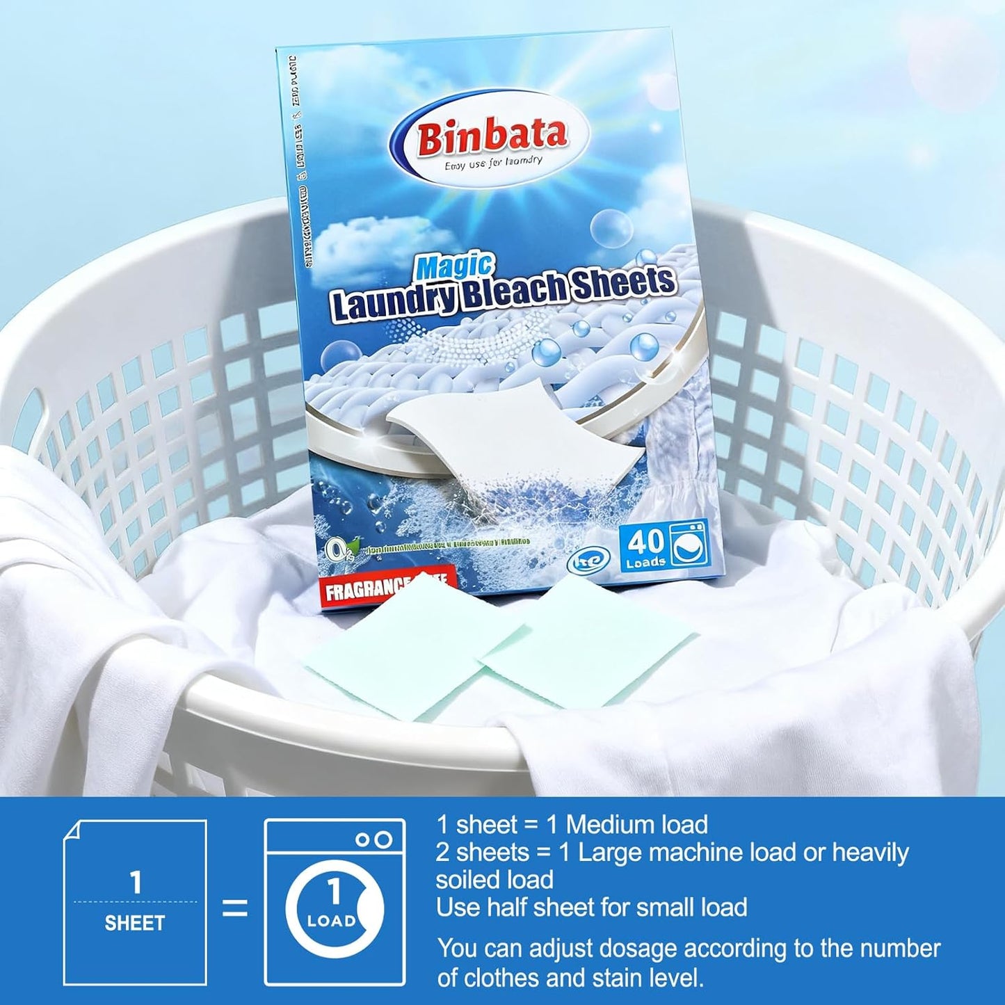 2-in-1 Whitening Laundry Detergent Sheets 40 Loads, Unscented Hypoallergenic Eco Laundry Bleach Sheets Apply for white clothes, Effectively Remove Yellowing & Greying, Safe for Sensitive Skin