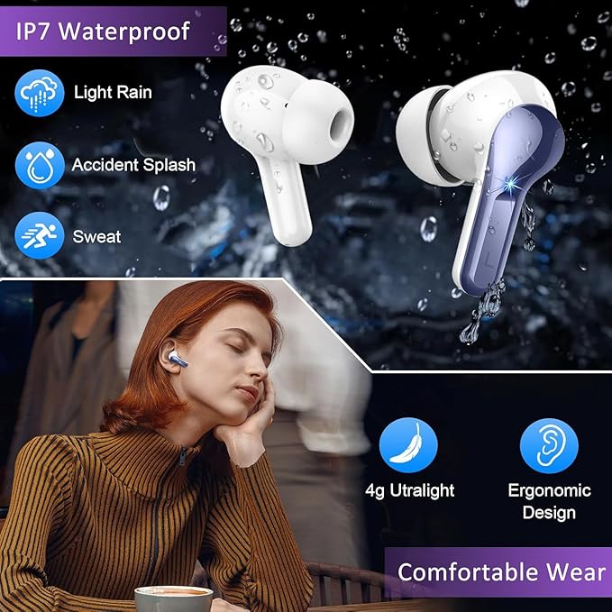 Wireless Earbuds, Bluetooth Headphones 5.3 HiFi Stereo Ear buds with ENC Noise Cancelling Mic, 40H Bluetooth Earbuds with Dual LED Display Charging Case, IP7 Waterproof Earphones for Android iOS, Blue