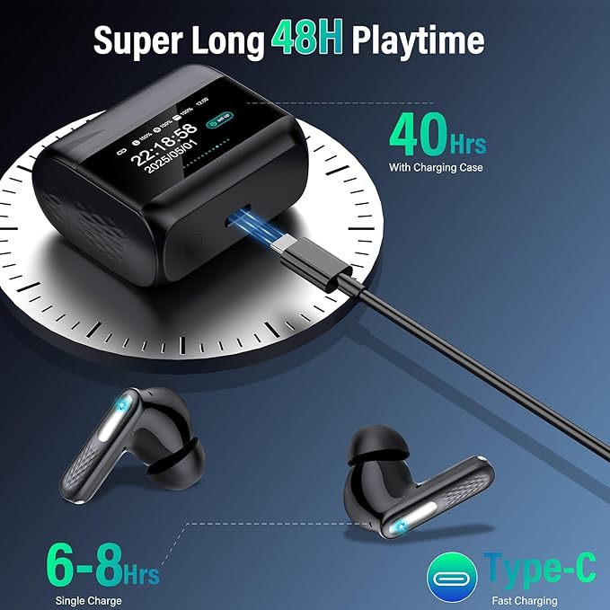 Wireless Earbuds, Bluetooth 5.4 Headphones with Multifunction Touch Screen, 48H Deep Bass Stereo Ear Buds, 5 EQ Modes, ANC/ENC Noise Cancelling, Transparency Mode, IPX7 Bluetooth Earbuds, Black