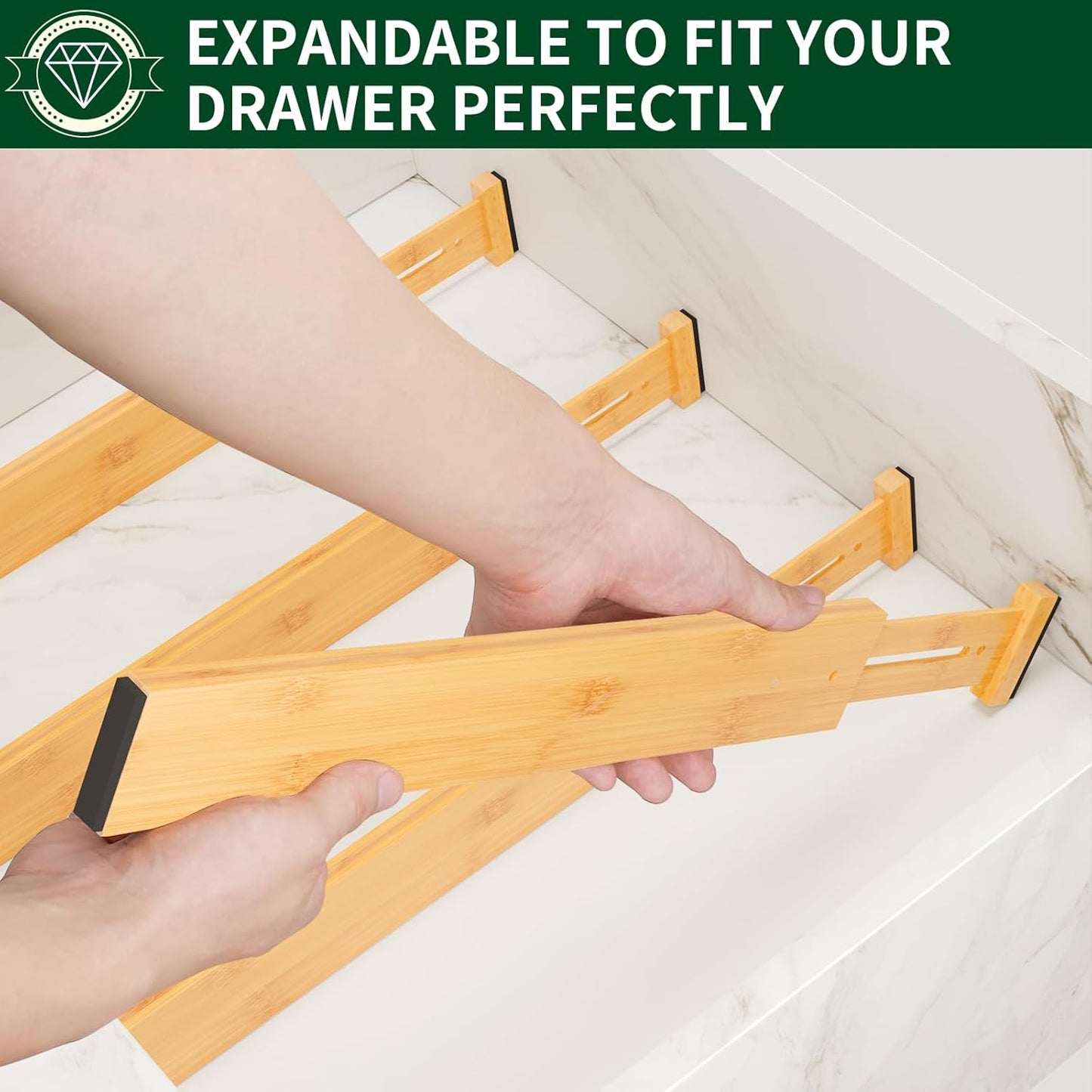 6 Pack Bamboo Drawer Dividers 2.6" High,17-22" Adjustable Spring Loaded Clothes Drawer Organizers for Kitchen, Dresser, Bathroom, Bedroom and Office