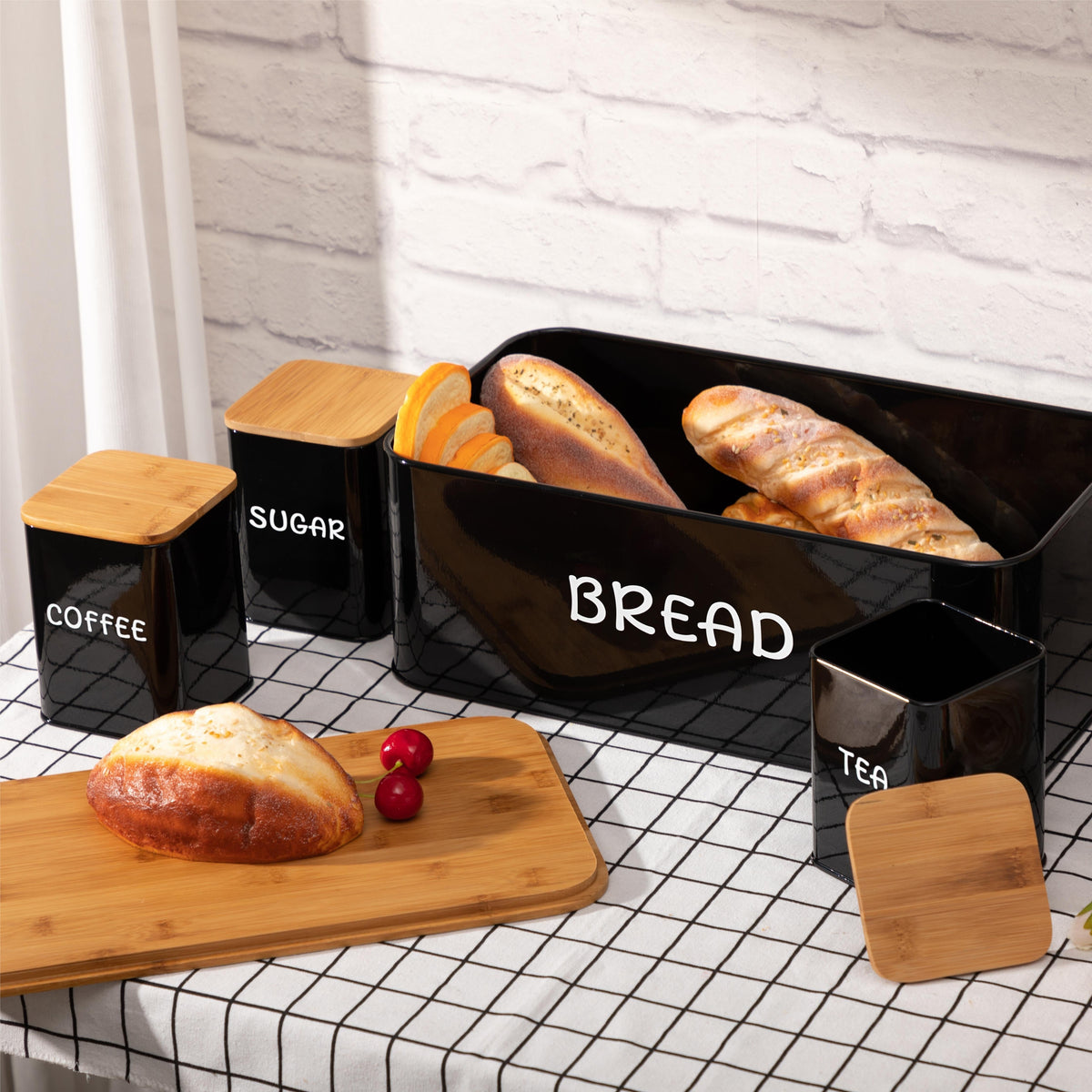 Bread Box Set with Tea, Coffee & Sugar Canisters | Bamboo Lid Kitchen Storage