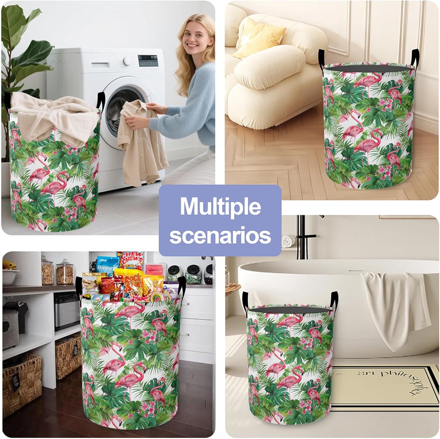 Tropical Flamingo Flower Laundry Hamper Large Canvas Fabric Lightweight Storage Basket/Dirty Clothes Collapsible Waterproof for College Dorms, Boys and Girls Bedroom,Bathroom