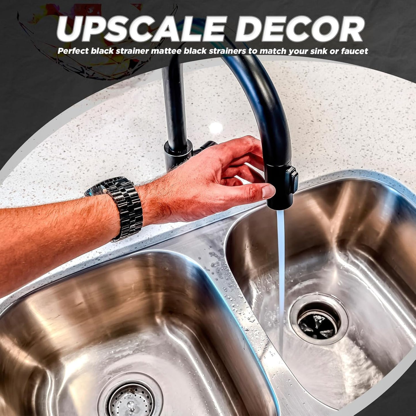 Mudder 3 Pcs Kitchen Sink Drain Strainer and Stopper Stainless Steel Garbage Disposal Plug with Handle Universal Anti-Clogging Kitchen Sink Filter Sieve Basket Strainer(Black Texture)