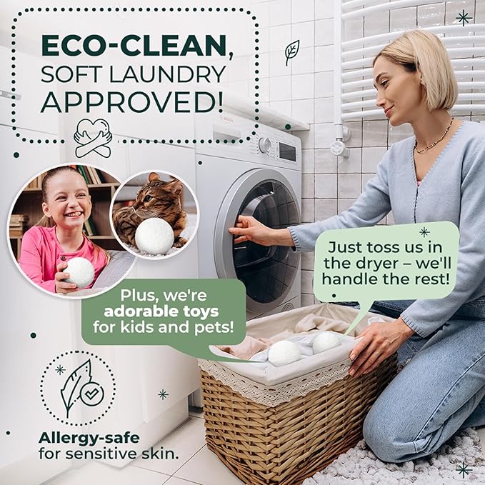 No More Dryer Sheets! Reusable Wool Dryer Balls XL 6-Pack - Reduces Static, Cuts Dry Time, & Softens Naturally