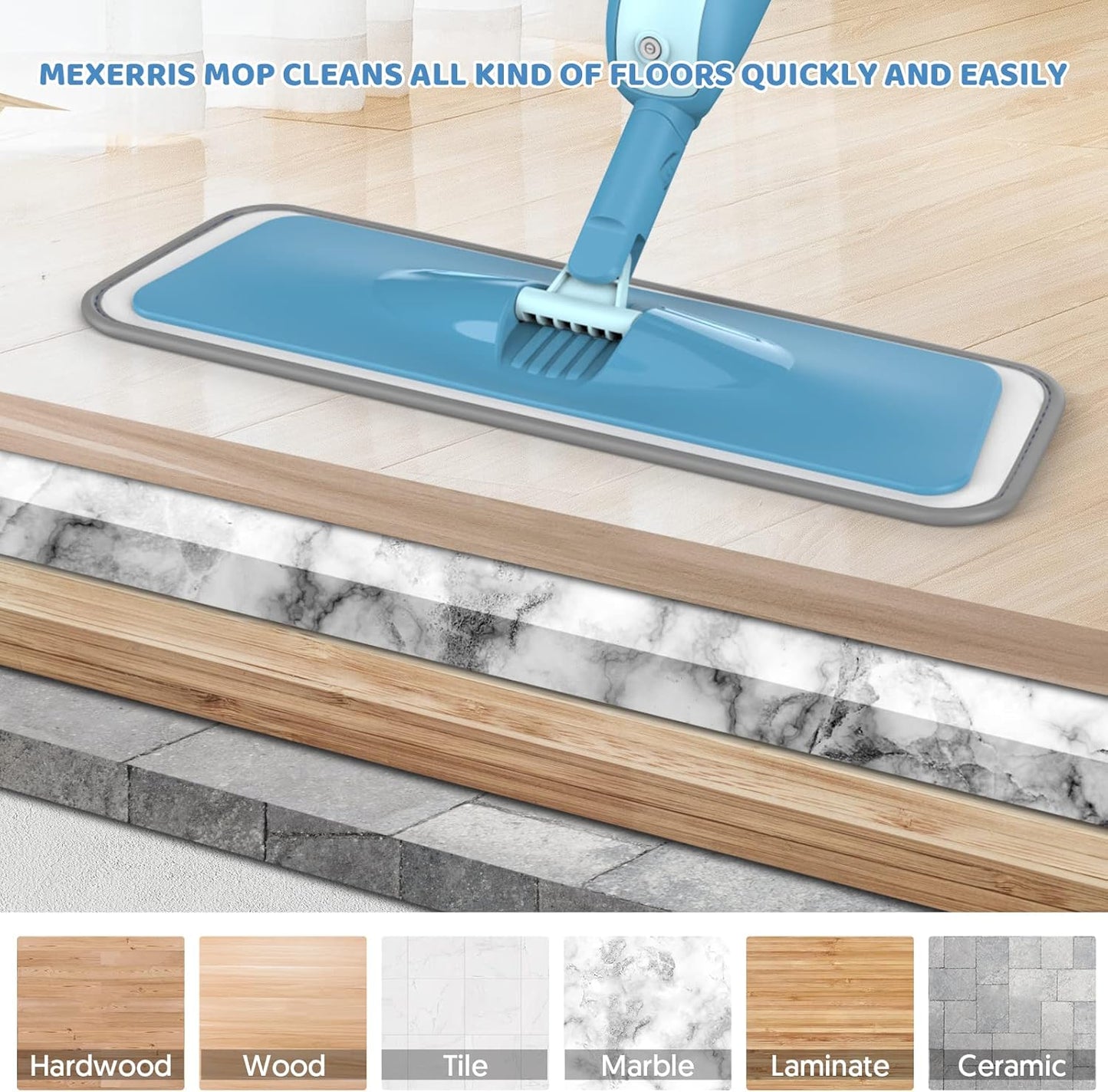 Spray Mops for Hardwood Floor Cleaning: MEXERRIS Wet Mops with 2 Bottles - 4 Microfiber Reusable Washable Pads for Swiffer Powermop - Dust Dry Mops with Spray for Laminate Wood Vinyl Tiles