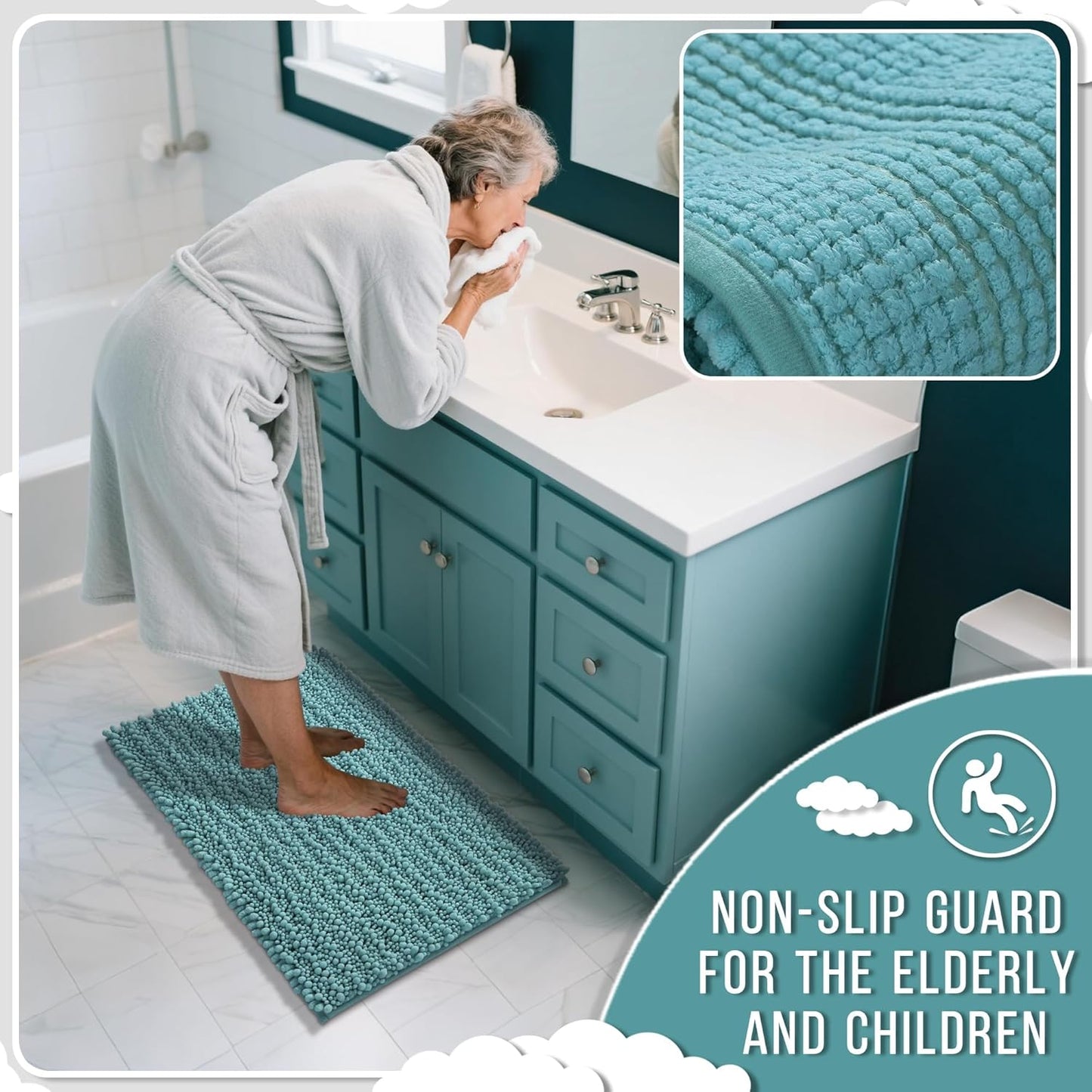 Yimobra Large Bathroom Rugs Non Slip Washable 36x24 Inch - Ultra Soft Absorbent Chenille Bath Mat, Quick Dry Shaggy Floor Carpet for Tub Shower, Teal Blue Home Decor Accessories