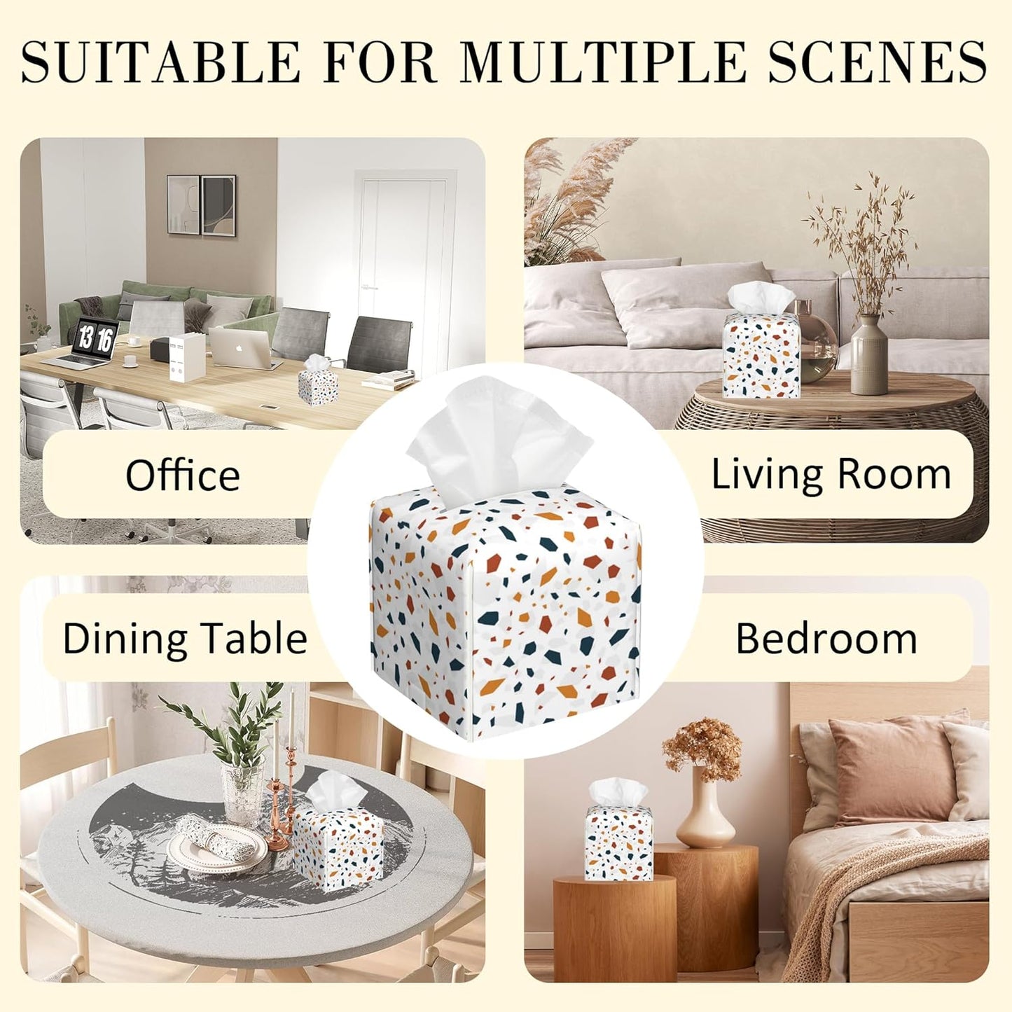 Leather Tissue Box Holder Terrazzo Tile Tissue Box Cover Square Waterproof Tissue Holder Organizer Modern Napkin Holder for Bedroom Dresser Night Stand Office Desk