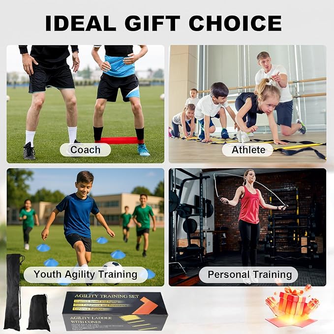Speed Agility Training Equipment Set, Agility Ladder 20ft, 12 Football Cones, Resistance Parachute/Soccer Kick Trainer, Jump Rope, 5 Resistance Bands, Football Practice Equipment for Kids Adults