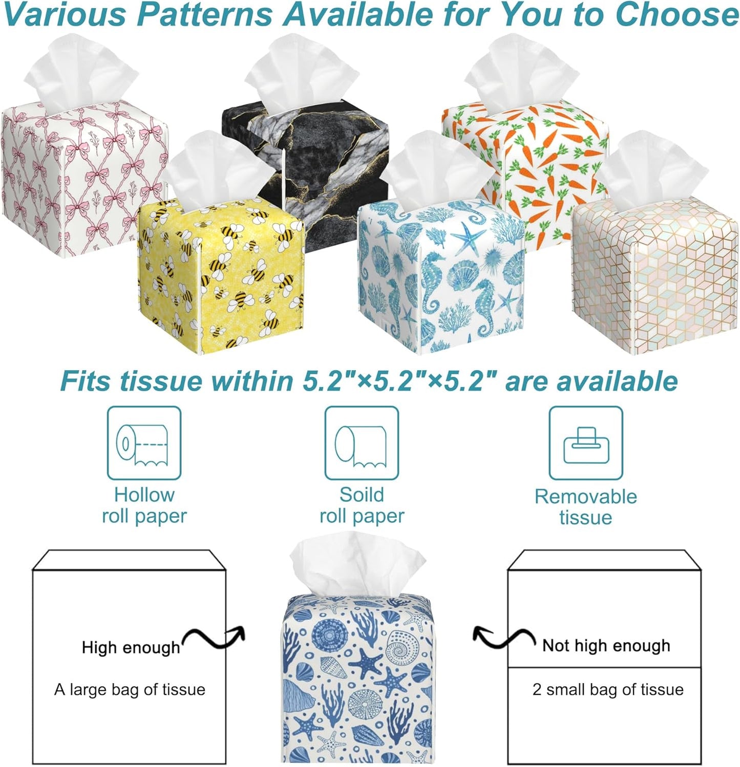 Undersea Sealife Tissue Box Cover Square,Starfish Seashore Leather Tissue Holder,Waterproof Facial Paper Organizer Tissue Box Cover for Home Office Bathroom Vanity Countertop,5.2" x 5.2" x 5.2"