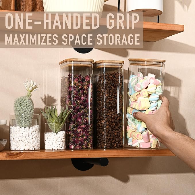 64oz Rectangle Airtight Glass Storage Containers with Bamboo Lids (Set of 4), Square Food Storage Jar, Pantry Organizers for Cereal, Flour, Pasta and Coffee beans (with Black Lable)