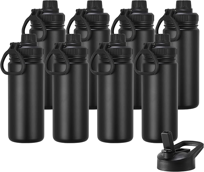 DOMICARE 16 oz Kids Water Bottle for School Stainless Steel Double Wall Vacuum Insulated Water Bottle with Straw lids & Spout Lid, Leakproof BPA Free (Black,8)