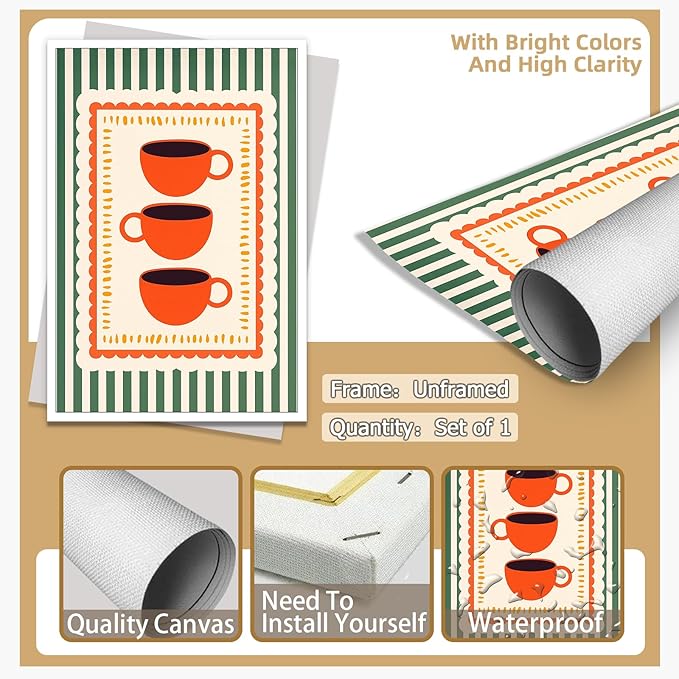 Vintage Orange Italian Espresso Coffee Cups Canvas Prints Posters Modern Green Striped Preppy Kitchen Wall Art Retro Colorful Minimalist Drink Aesthetic Pictures Decor for Cafe Bar 20x30inch Unframed