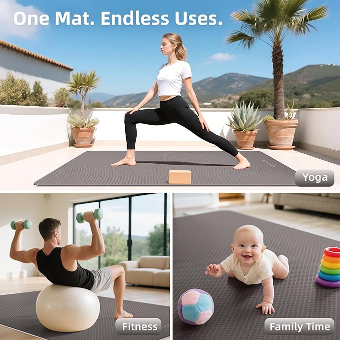 Extra Large Yoga Mat - 72"x35", 72"x48", 78"x57" - Wide TPE Exercise Mat for Home, Stretching, Couples & Family Workouts - 6-12mm Thick, Non-Slip & Waterproof - with Carry Bag and Straps