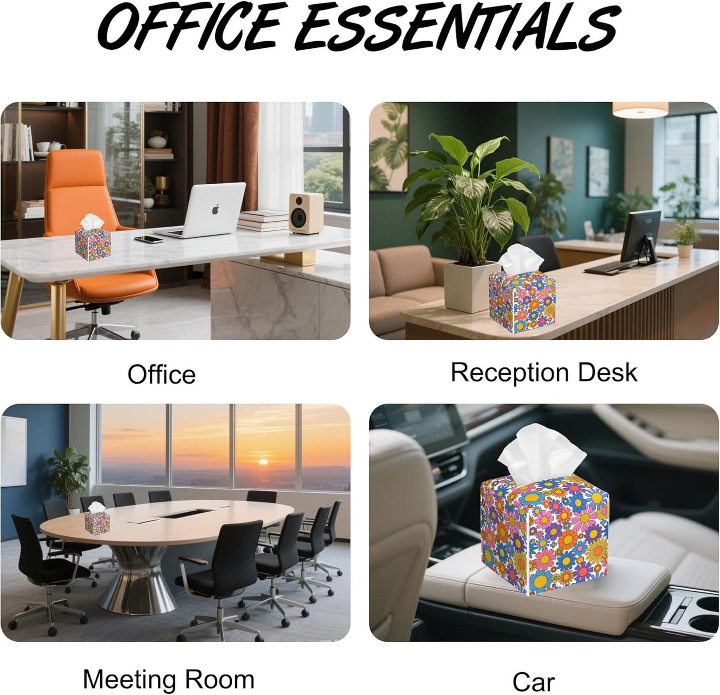 Groovy Flower Tissue Box Cover Square,Spring Daisy Tissue Box Holder with Belt Bottom,Stylish Leather Napkin Holder for Vanity Countertop,Nightstands,Office Desk,5.2"×5.2"×5.2"