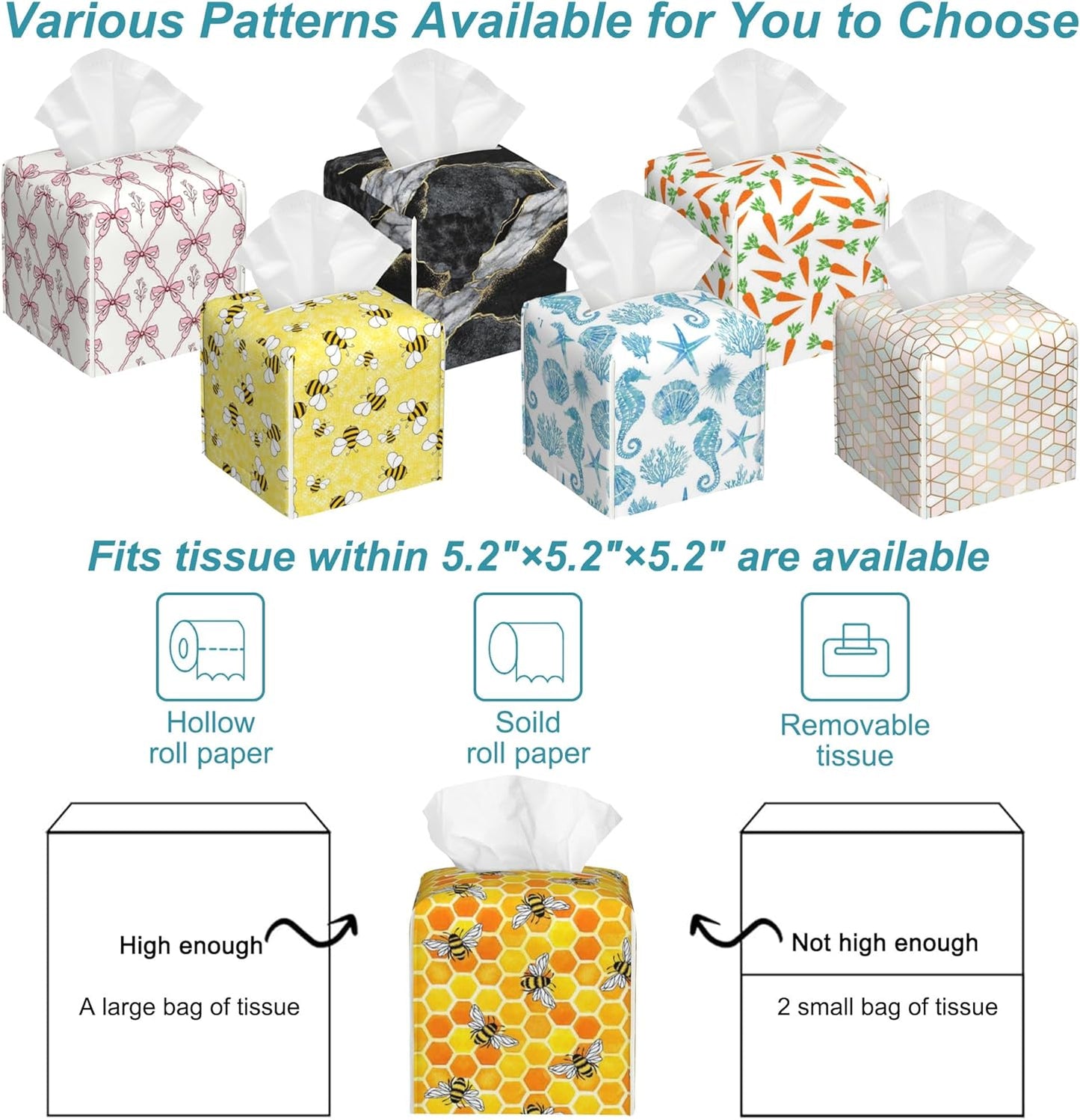 Watercolor Bees Tissue Box Cover Square,Honeycombs Leather Tissue Holder,Waterproof Leather Facial Paper Organizer Tissue Box Cover for Home Office Bathroom Vanity Countertop,5.2" x 5.2" x 5.2"