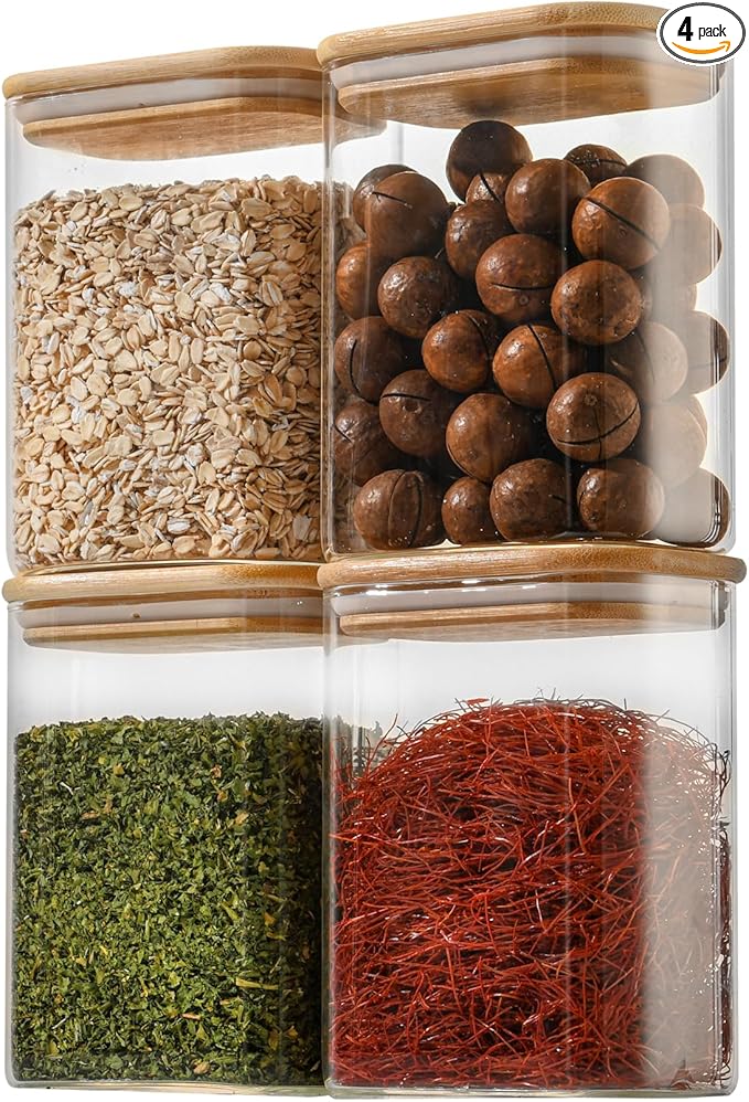 37oz Rectangle Airtight Glass Storage Containers with Bamboo Lids (Set of 4), Square Food Storage Jar, Pantry Organizers for Cereal, Nuts, Snacks and Coffee beans (with Black Lable)