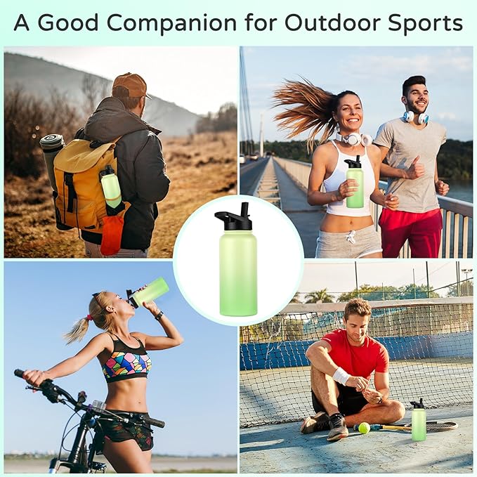 DOMICARE 32 oz Insulated Water Bottle Bulk, Vacuum Insulated Stainless Steel Sports Water Bottle with Straw Lid & Spout Lid, Leakproof, Reusable - Travel, Camping, Bike, Green Gradient (8 Pack)