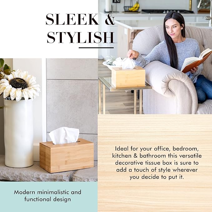 JUSK Design Tissue Box Holder - Modern, Minimalist, and Durable Wooden Tissue Box with Sliding Bottom, Easy-Refill- Premium-Quality Bamboo Tissue Box Cover, Fits 230-Count Box, Tall Rectangular