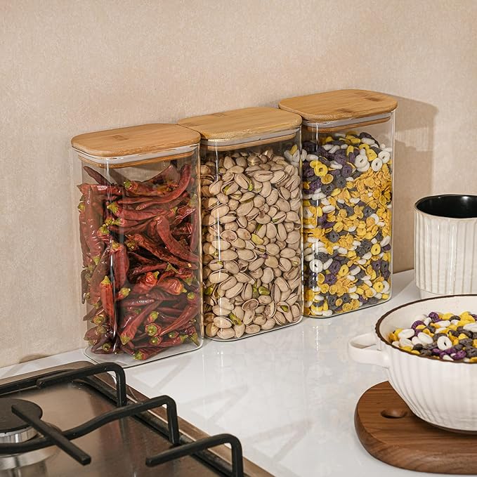 56oz Rectangle Airtight Glass Storage Containers with Bamboo Lids (Set of 3), Square Food Storage Jar, Pantry Organizers for Oats, Cereal, Pasta and Coffee beans (with Black Lable)